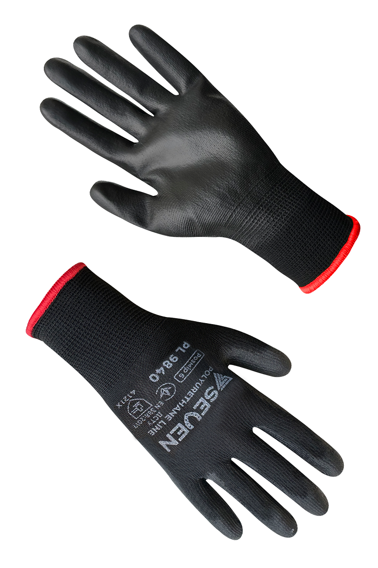 Рукавички синтетичні чорні з чорним поліуретановим покриттям SEVEN PL9840, р.6